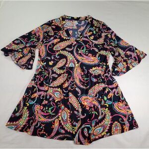 Paisley V-Neck Bell Sleeve Babydoll Tunic‎ Top 1XL Multi-Color Style 1019T